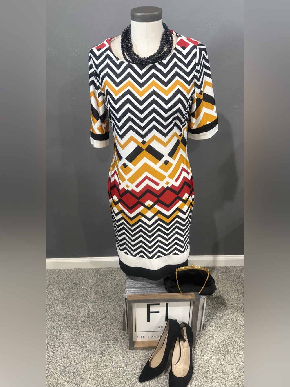 karin stevens Chevron Midi Dress in Black, White, Mustard & Red